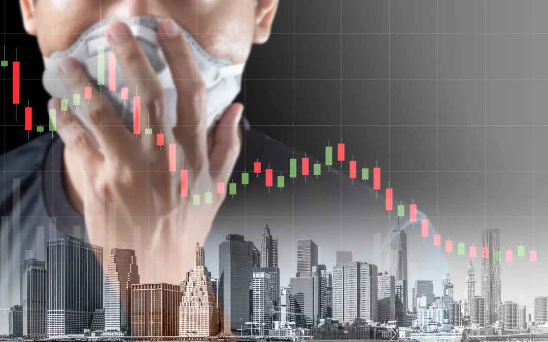  A financial graph in the center, with a person holding an antiviral mask over his face, and a city with buildings below